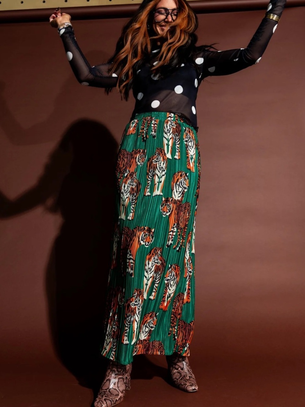 Dressed in Lala Santorini Midi Plisse Pleated Skirt in Green Tiger Tales Print - Picture 5 of 12